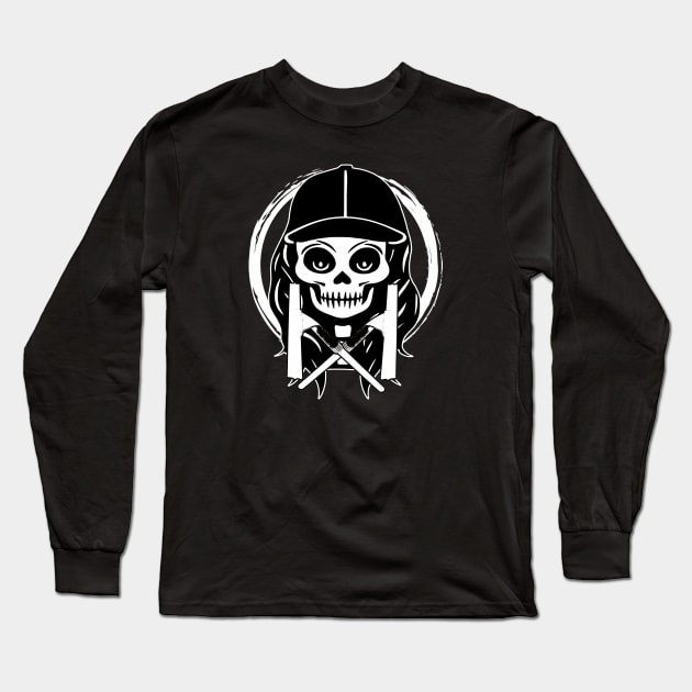 Female Window Cleaner Squeegee and Skull White Logo Long Sleeve T-Shirt by Nuletto